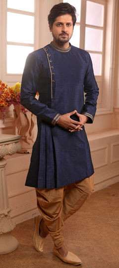 Blue color Kurta Pyjamas in Art Silk, Banarasi Silk fabric with Lace work