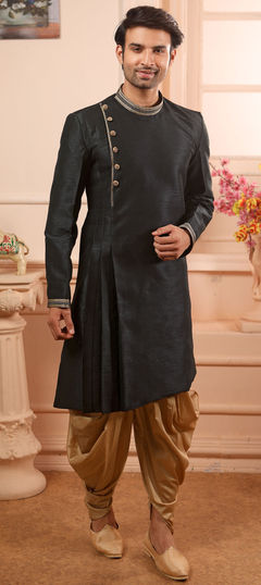 Black and Grey color Kurta Pyjamas in Art Silk, Banarasi Silk fabric with Lace work