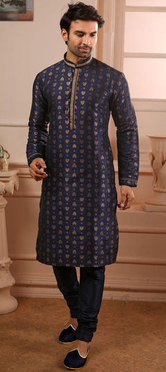 Blue color Kurta Pyjamas in Brocade, Jacquard fabric with Lace work