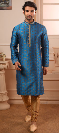 Blue color Kurta Pyjamas in Brocade, Jacquard fabric with Lace work