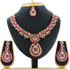 Gold Rodium Polish Pink and Majenta color Necklace in Metal Alloy studded with CZ Diamond