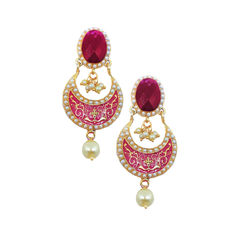 Gold Rodium Polish Red and Maroon color Earrings in Brass studded with Pearl