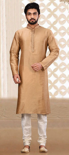 Gold color Kurta Pyjamas in Art Dupion Silk fabric with Lace, Resham work