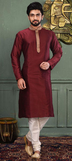 Red and Maroon color Kurta Pyjamas in Art Dupion Silk fabric with Lace, Resham work