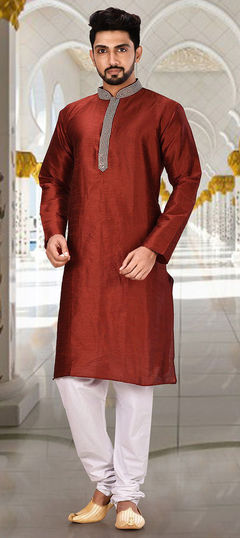 Red and Maroon color Kurta Pyjamas in Art Dupion Silk fabric with Cut Dana, Resham, Stone work