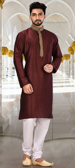 Red and Maroon color Kurta Pyjamas in Art Dupion Silk fabric with Cut Dana, Resham, Stone work