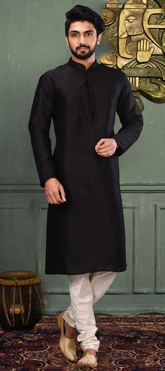 Black and Grey color Kurta Pyjamas in Art Dupion Silk fabric with Thread work