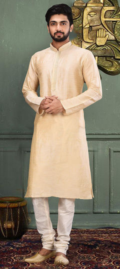 Beige and Brown color Kurta Pyjamas in Art Dupion Silk fabric with Embroidered, Thread work