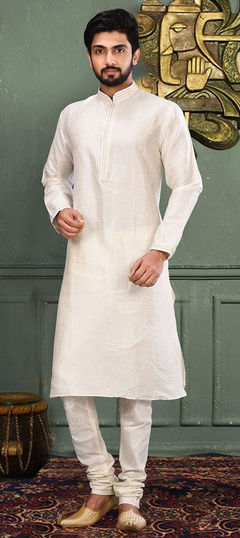 White and Off White color Kurta Pyjamas in Art Dupion Silk fabric with Embroidered work