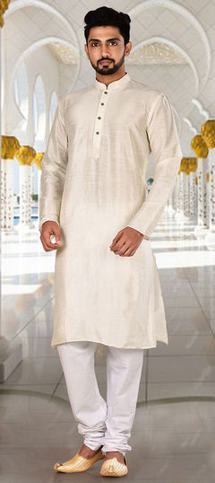 White and Off White color Kurta Pyjamas in Art Dupion Silk fabric with Thread work