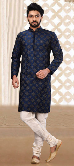 Blue color Kurta Pyjamas in Art Dupion Silk fabric with Embroidered, Resham, Thread work