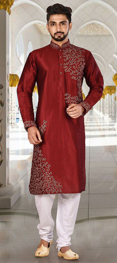 Red and Maroon color Kurta Pyjamas in Art Dupion Silk fabric with Embroidered, Resham, Thread work