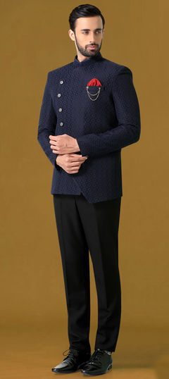 Blue color Jodhpuri Suit in Jacquard fabric with Broches work