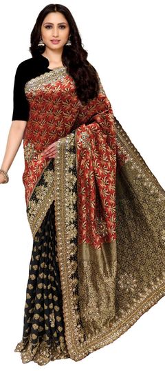 Black and Grey, Red and Maroon color Saree in Banarasi Silk, Silk fabric with Cut Dana, Moti, Stone, Zircon work