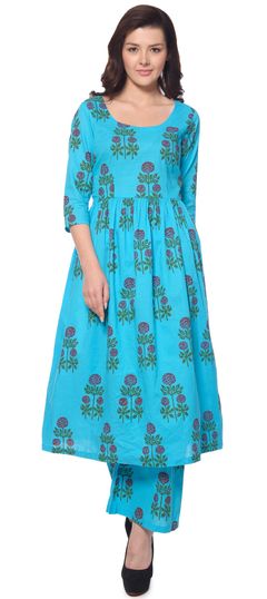 Blue color Tunic with Bottom in Cotton fabric with Printed work