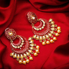 Gold Rodium Polish Red and Maroon, Yellow color Earrings in Metal Alloy studded with CZ Diamond, Pearl