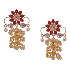 Gold Rodium Polish Red and Maroon, White and Off White color Earrings in Brass studded with Beads, Kundan