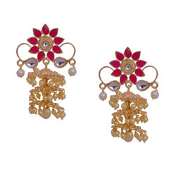 Gold Rodium Polish Pink and Majenta color Earrings in Brass studded with Pearl
