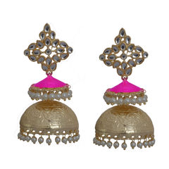 Gold Rodium Polish Red and Maroon color Earrings in Brass studded with Pearl