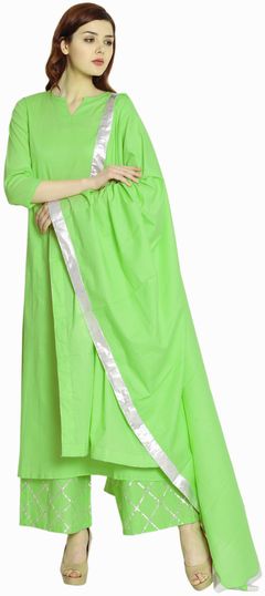 Green color Salwar Kameez in Cotton fabric with Gota Patti, Lace work