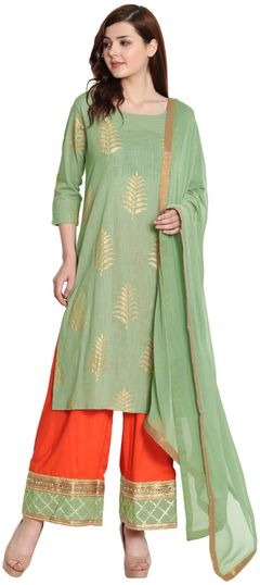Green color Salwar Kameez in Cotton fabric with Gota Patti, Lace, Printed work
