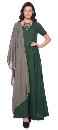 Party Wear, Reception Green color Salwar Kameez in Cotton fabric with Abaya Stone work : 1613443