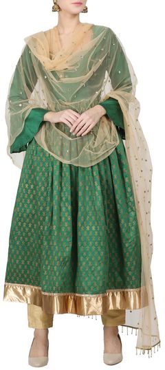 Festive, Reception Green color Salwar Kameez in Silk cotton fabric with Straight Block Print work : 1613513