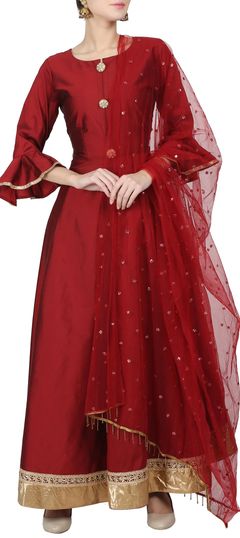 Red and Maroon color Salwar Kameez in Taffeta Silk fabric with Lace work