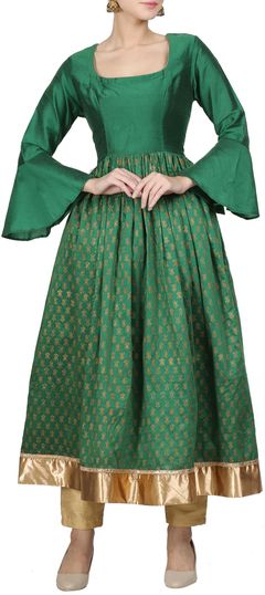 Green color Tunic with Bottom in Silk cotton fabric with Block Print work