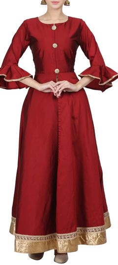 Red and Maroon color Salwar Kameez in Taffeta Silk fabric with Lace work