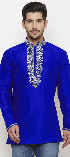 Blue color Kurta in Dupion Silk fabric with Embroidered, Resham, Thread work