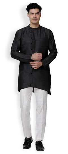 Black and Grey color Kurta in Dupion Silk fabric with Thread work