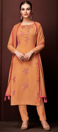 Orange color Salwar Kameez in Georgette fabric with Embroidered, Resham, Stone, Thread, Zari work
