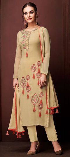 Beige and Brown color Salwar Kameez in Georgette fabric with Embroidered, Resham, Sequence, Thread work
