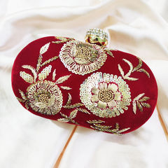 Red and Maroon color Clutches in Synthetic fabric with Bugle Beads, Cut Dana, Zardozi work