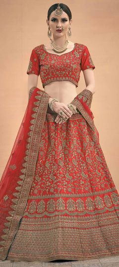 Red and Maroon color Lehenga in Satin Silk fabric with Border, Stone, Thread, Zari work