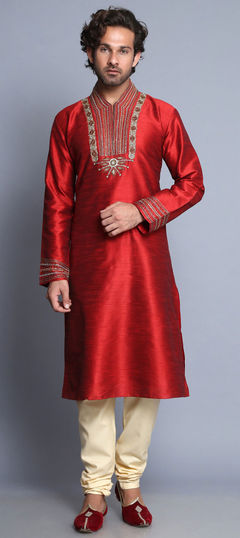 Red and Maroon color Kurta Pyjamas in Raw Silk fabric with Embroidered, Stone, Thread work