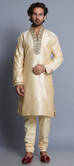 Beige and Brown color Kurta Pyjamas in Raw Silk fabric with Embroidered, Stone, Thread, Zircon work