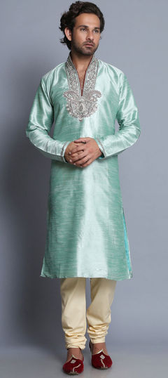 Green color Kurta Pyjamas in Raw Silk fabric with Dabka, Stone work