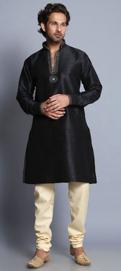 Black and Grey color Kurta Pyjamas in Raw Silk fabric with Sequence work