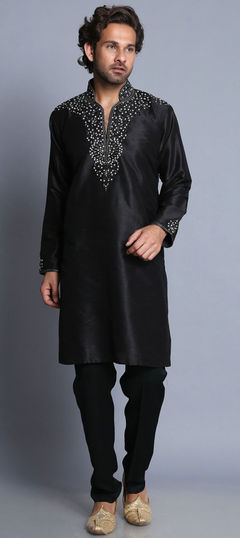 Black and Grey color Kurta Pyjamas in Raw Silk fabric with Bugle Beads, Dabka, Embroidered, Stone, Zircon work