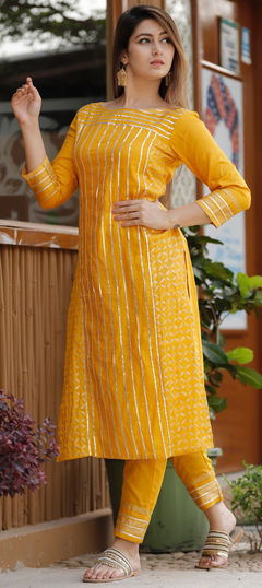 Designer Yellow color Tunic with Bottom in Silk fabric with Block Print, Gota Patti work : 1617508