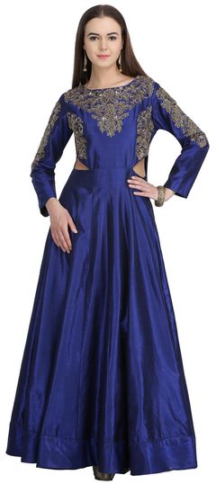 Designer Blue color Gown in Dupion Silk fabric with Sequence, Thread, Zari work : 1618025