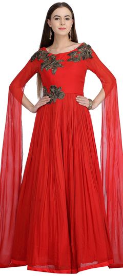 Designer Red and Maroon color Gown in Georgette fabric with Bugle Beads, Sequence, Stone work : 1618026