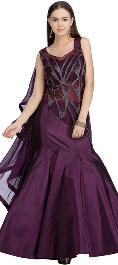 Designer Purple and Violet color Gown in Net, Taffeta Silk fabric with Bugle Beads, Cut Dana work : 1618029