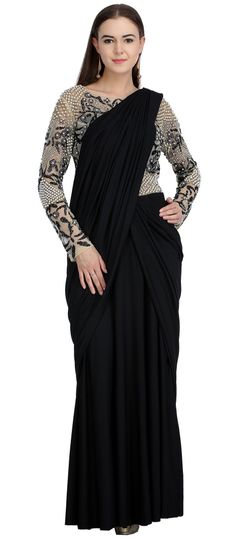 Designer Black and Grey color Gown in Lycra, Net fabric with Cut Dana, Moti, Sequence, Stone work : 1618030