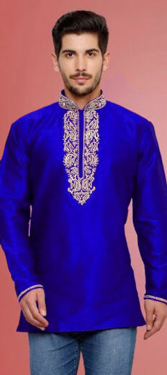 Blue color Kurta in Dupion Silk fabric with Embroidered, Thread, Zari work