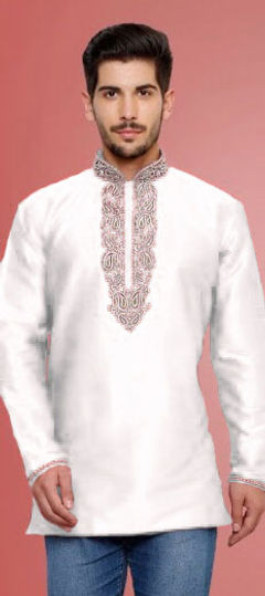 White and Off White color Kurta in Dupion Silk fabric with Embroidered, Thread, Zari work