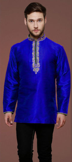 Blue color Kurta in Dupion Silk fabric with Embroidered, Thread, Zari work