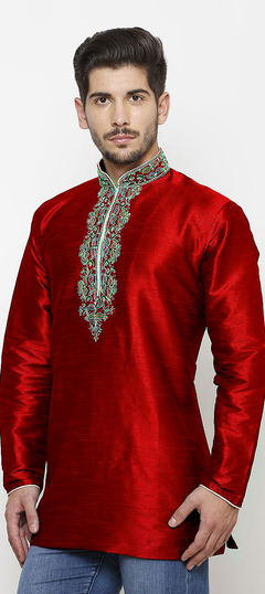 Red and Maroon color Kurta in Dupion Silk fabric with Embroidered, Thread, Zari work